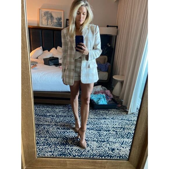 ENGLISH FACTORY Tan Gingham Print Oversized  Front Button Blazer Size Small - Picture 1 of 12